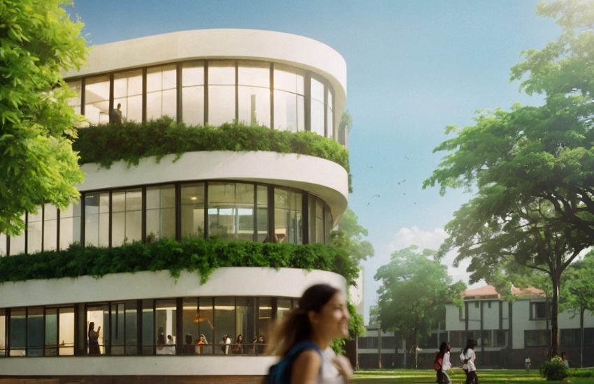 Eine moderne Schule mit unbeschwerten Jugendlichen beim Lernen