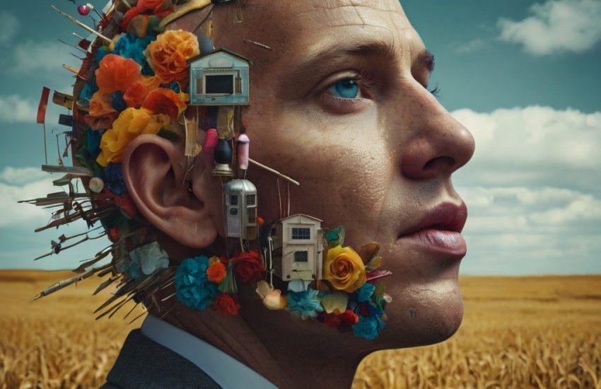 Männergesicht mit Verschiedenem als Haare und Bart