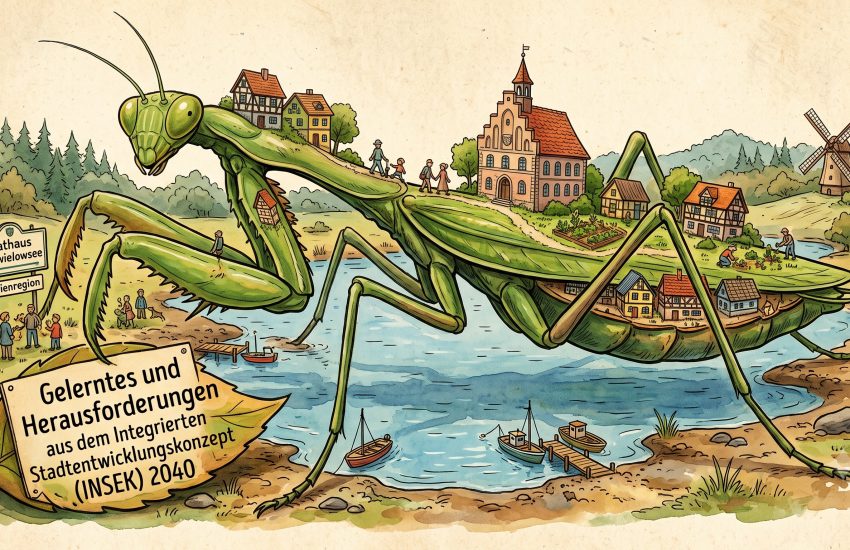 Graphik zum Integrierten Stadtentwicklungskonzept, welches eine Gottesanbetterin im Schwielowsee zeigt